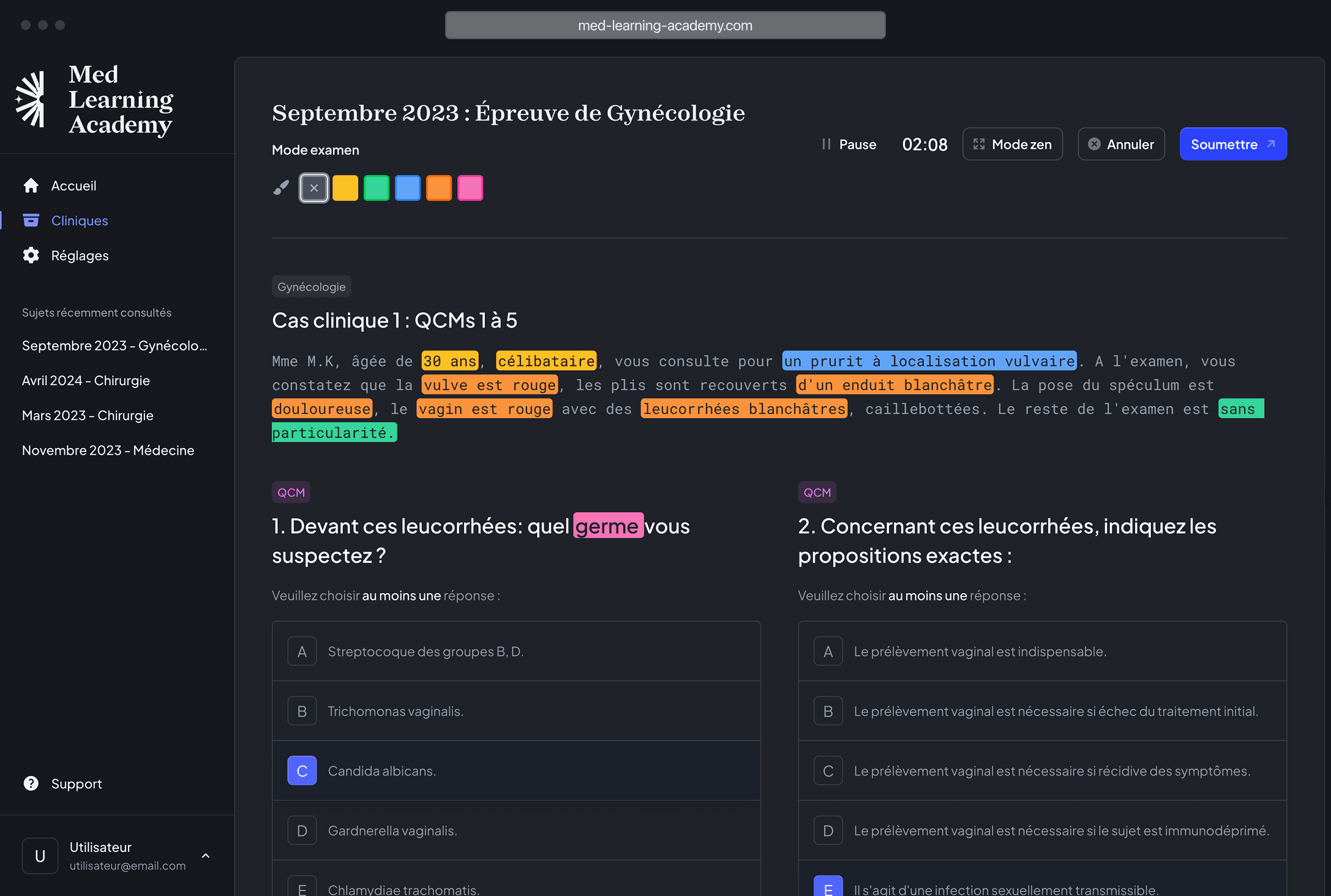 Screenshot of Cas Cliniques Interactifs feature